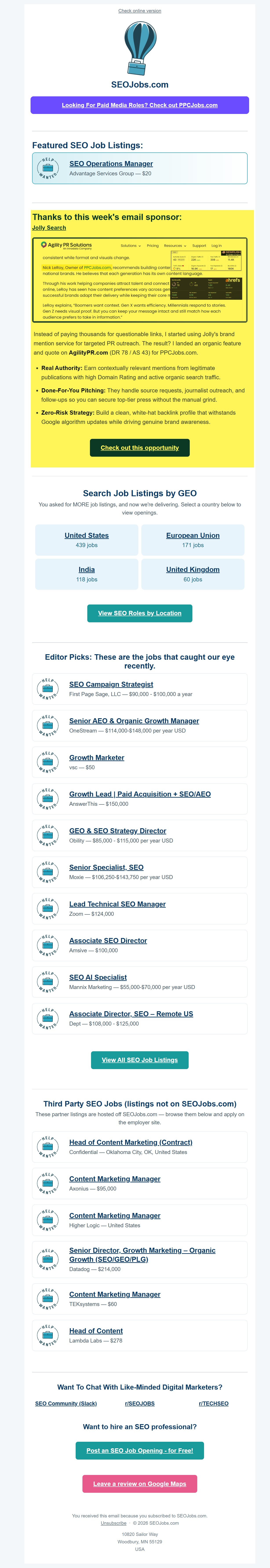 SEOJobs newsletter showing the sponsored section